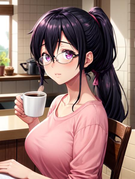 best quality, masterpiece, highres, detailed, digital artwork, <lora:Tools - add_detail:0.2>, MoritaEri, black hair, long hair, purple eyes, ponytail, pink shirt, glasses, kitchen, mature woman, <lora:Character - MoritaEri:0.8>, upper body, living room, drinking coffee,