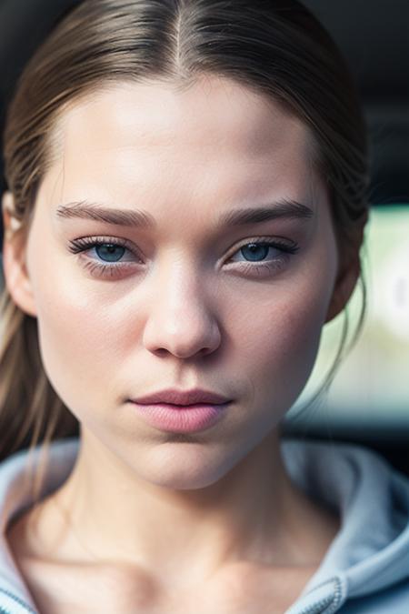 RAW photo, (leaseydoux_ti_v3-4100:0.98), upper body, selfie in a car, blue hoodie, (1girl), (realistic), (photo-realistic:1.5), inside a car, driving, lipstick, necklace, (RAW photo, 8k uhd, film grain), Sharp Eyeliner, Blush Eyeshadow With Thick Eyelashes, extremely delicate and beautiful, 8k, soft lighting, high quality, highres, sharp focus, extremely detailed, during the day, (sunlight on face), beautiful detailed eyes, extremely detailed eyes and face, masterpiece, cinematic lighting, (high detailed skin:1.2), 8k uhd, dslr, soft lighting, high quality, film grain, Fujifilm XT3