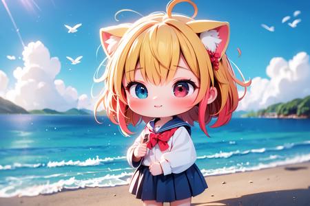 1girl,bangs,beach,bird,black legwear,(heterochromia:1.4),(red eyes:1.4),(blue eyes:1.4),very long blonde hair,cat ears clouds,blue sailor collar,blue skirt,blue sky,blush,red bow,closed mouth,cloud,cloudy sky,condensation trail,day,standing by the sea,