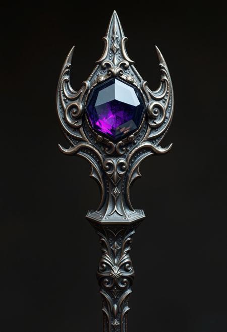 A Highly Detailed Ancient Scary Looking Scepter With A Dark Purple Gem embedded in it