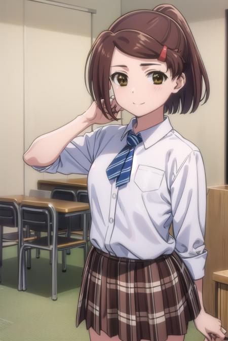 akosuminoe, <lora:ako suminoe ova-lora-nochekaiser:1>,
ako suminoe, short hair, brown hair, hair ornament, (brown eyes:1.5), ponytail, hairclip, smile,
BREAK skirt, shirt, school uniform, white shirt, socks, plaid, kneehighs, plaid skirt,
BREAK indoors, classroom,
BREAK looking at viewer, (cowboy shot:1.5),
BREAK <lyco:GoodHands-beta2:1>, (masterpiece:1.2), best quality, high resolution, unity 8k wallpaper, (illustration:0.8), (beautiful detailed eyes:1.6), extremely detailed face, perfect lighting, extremely detailed CG, (perfect hands, perfect anatomy),