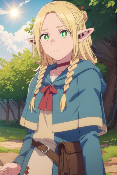 marcilledonato, <lora:marcille donato-lora-nochekaiser:1>,
marcille donato, long hair, blonde hair, (green eyes:1.3), braid, pointy ears, twin braids, elf, (bright pupils:1.5), (parted bangs:1.5),
BREAK choker, robe, red choker,
BREAK outdoors, nature, forest, trees, grass, river, sun, sky, clouds,
BREAK looking at viewer, (cowboy shot:1.5),
BREAK <lyco:GoodHands-beta2:1>, (masterpiece:1.2), best quality, high resolution, unity 8k wallpaper, (illustration:0.8), (beautiful detailed eyes:1.6), extremely detailed face, perfect lighting, extremely detailed CG, (perfect hands, perfect anatomy),