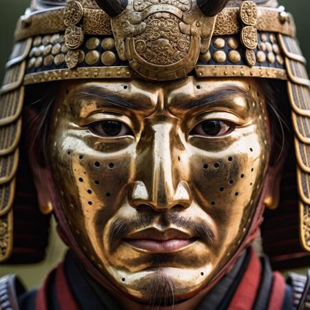 Capture a close-up of a weathered samurai face, with intricate details of the armor's texture, the reflection in the eyes, and the subtle play of light on the skin.