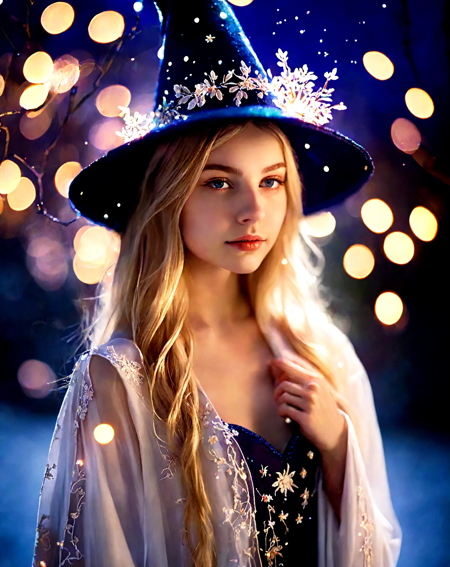 photo, pretty teen blonde girl, wizard hat, sexy Robe with delicate embroidery,  midnight, bloom, ambient occlusion, glow, glowing lights, light particles, transparent, translucent, bokeh, depth of field, snow, wind,fairy