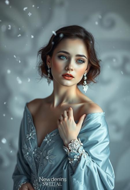 Winter Frost Elegance , icy blue silk gown, soft frost-covered textures, snowflakes gently falling, pale porcelain skin, shimmering frozen reflections, delicate crystalline jewelry, cold ethereal beauty
ethereal portrait, young woman, porcelain-like skin, hauntingly elegant, soft muted pastels, dreamlike atmosphere, delicate facial features, surreal presence, distant expressive gaze, Art Deco fashion, flowing silk gown, intricate fabric details, diffused soft light, minimalist abstract background, nostalgic sophistication
