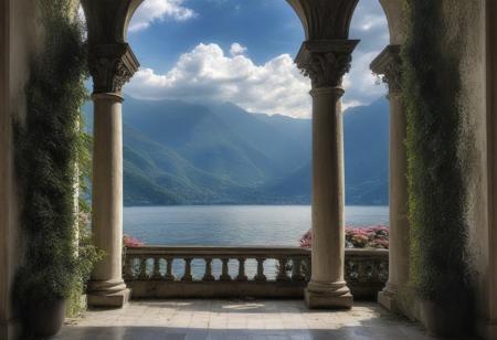 A view of Lake Como from an old Italian villa with columns and arches, flowers in white on each side of the arched doorways, the dramatic and cloudy sky with sun rays shining through, mountains visible across the water,