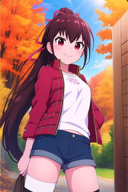 himukaiyuri brown hair, high ponytail, hair ribbon, red ribbon, hair between eyes, very long hair, red eyes blue jacket, blazer, yellow bowtie, long sleeves, green skirt, plaid skirt, school uniform