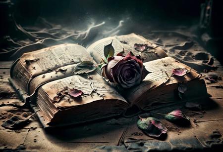 A withered ais-crsd rose lying on an ancient book, its petals blackened and curled, on a table covered in dust. <lora:ais-crsd-sdxl:1>