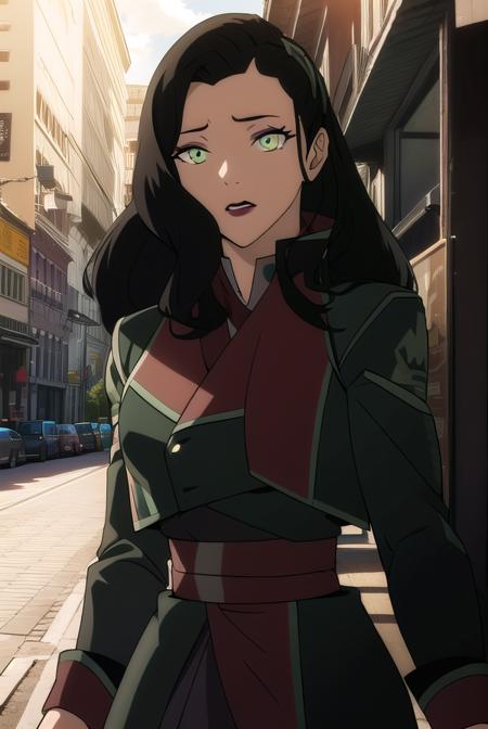 korraasami, <lora:asami-lora-nochekaiser:1>, 
asami, long hair, (green eyes:1.5), (black hair:1.5),
BREAK jacket, belt, makeup, lipstick, red lips,
BREAK looking at viewer,
BREAK outdoors, 
BREAK <lyco:GoodHands-beta2:1>, (masterpiece:1.2), best quality, high resolution, unity 8k wallpaper, (illustration:0.8), (beautiful detailed eyes:1.6), extremely detailed face, perfect lighting, extremely detailed CG, (perfect hands, perfect anatomy),