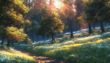 scenery, flower, forest, grass, nature, sunlight, sunset, masterpiece, best quality,