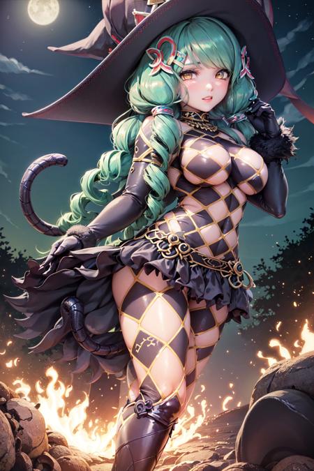 Fiore Brunelli, argyle, checkered, clothing cutout, drill hair, gloves, green hair, hat, long hair, microskirt, revealing clothes, ringlets, tail, thighhighs, twin drills, witch hat, thigh boots, high heel boots, <lora:Fiore_Brunelli-06:1>,night sky, outdoors,