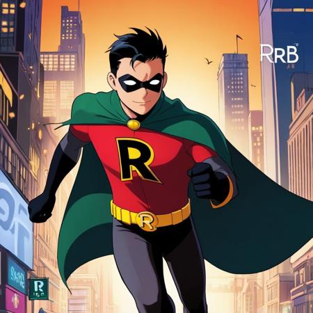 anime artwork of  <lora:Robin:1.2>
Robin a cartoon of a man with a cape with letter R logo in Gotham city universe, anime style, key visual, vibrant, studio anime,  highly detailed