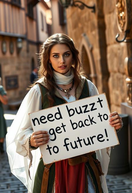 Woman wearing futuristic clothes in medieval era holding sign "need buzz to get back to future!", medieval street, masterpiece, sunlight,