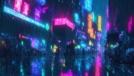 scenery, night, rain, reflection, reflective floor, city, city lights, neon lights, cyberpunk, street, masterpiece, best quality,