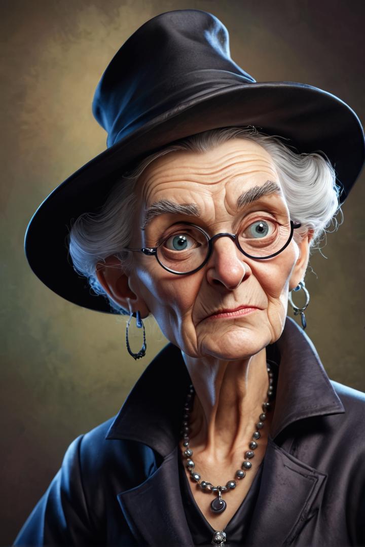 A stylized portrait of Granny Weatherwax, with her piercing eyes and stern expression. absurd caricature, sexy,