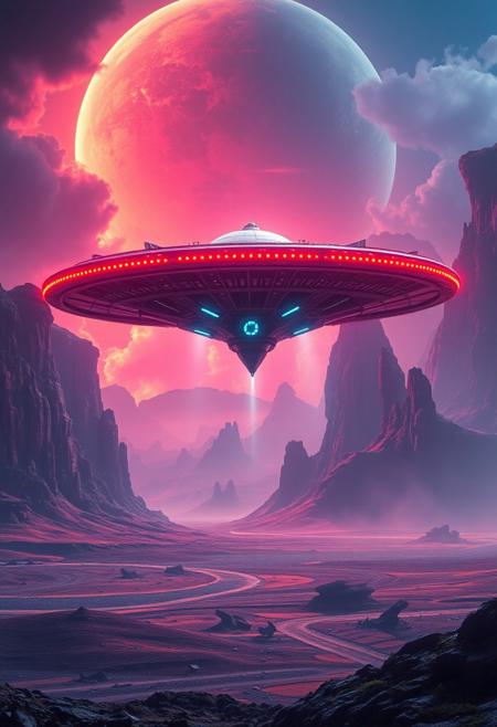 alien spaceship hovering over an otherworldly landscape, vibrant colors, high detail, science fiction, dramatic lighting, cinematic composition, hyperrealistic, by John Harris and Andrée Wallin, 8k resolution, beautiful ethereal atmosphere