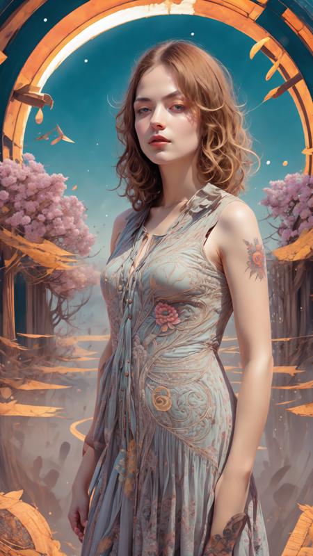 full body,from everywhere,(style of richard deacon), formal wear  android,1girl,a  beautiful girl in a colourful dress with colourful intricate tattoos surrounded by colourful patterns,(Luminous burning hair:1.2),  realistic fantasy, extremely detailed and beautiful , 8 k resolution, <lyco:gpts4 lite dreamwave_278580:1.0>