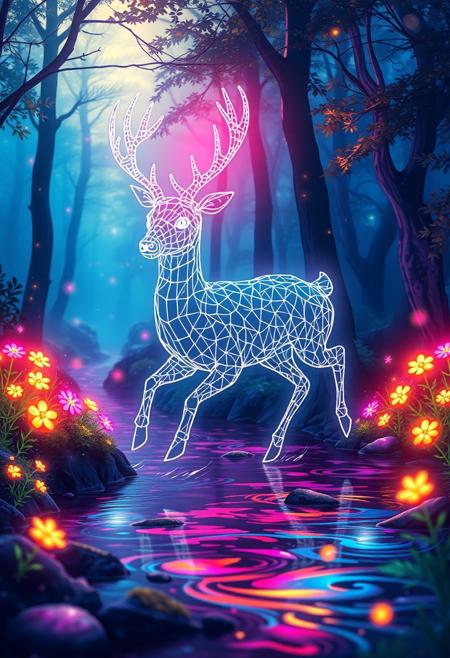 A magical forest in bold, saturated colors, where trees glow with bioluminescence.﷿速镜头﷿随 a glowing wireframe deer with intricate white grid lines forming its body and antlers, running in a stream, there are glowing flowers and floating sparkles. The lighting shifts with bursts of radiant color, casting soft glows and colorful flares. reflections shimmer across a crystal-clear stream. The scene maintains a whimsical, fluid rhythm, with smooth animation and a painterly visual style