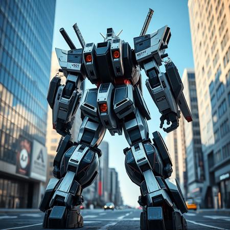 Gundam, a mecha-style mech with a black and silver color scheme, stands in the city streets at a giant size, with weapons on its back. The close-up view of the full body has a sci-fi feel, with cool tones, a metallic texture, and a wide-angle lens creating high contrast and a cool light effect. This high-resolution photography showcases the high level of detail and hyper-realistic, photo-realistic quality of the 3D rendering in full HD.
