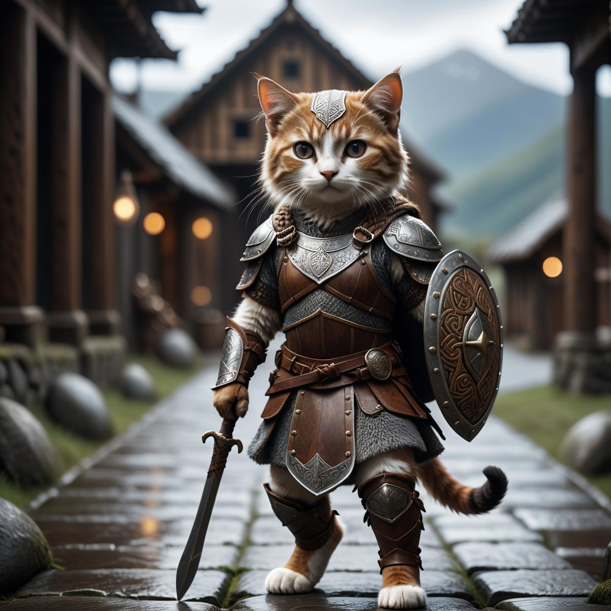A small orange and white cat dressed in a knight's outfit, holding a sword and a shield, standing on a cobblestone path.