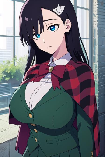 noelniihashi, <lyco:noelniihashianime-LYCORIStest:1>,
noel niihashi long hair, blue eyes, black hair, hair ornament, hairclip, (large breast:1.2),
BREAK skirt, shirt, long sleeves, bow, school uniform, jacket, white shirt, pleated skirt, collared shirt, bowtie, red bow, plaid, capelet, blazer, green skirt, green jacket,
BREAK looking at viewer,
BREAK indoors, classroom,
BREAK <lora:GoodHands-vanilla:1>, (masterpiece:1.2), best quality, high resolution, unity 8k wallpaper, (illustration:0.8), (beautiful detailed eyes:1.6), extremely detailed face, perfect lighting, extremely detailed CG, (perfect hands, perfect anatomy),