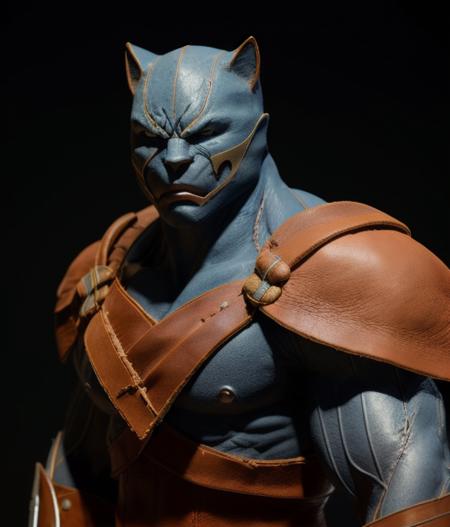 photo of Anthony Mackie is (Thundercats) panthro,  (1980s, grain movie, thundercats),letaher blue armor, realistic, ( light eyes feline orange),  skin blue, full body 8k unity render, action shot, skin pores, very dark lighting, heavy shadows, detailed, detailed face, (vibrant, photorealistic, realistic, dramatic, dark, sharp focus, 8k), (weathered damaged old worn leather outfit:1.4), (intricate:1.4), decadent, (highly detailed:1.4), digital painting, octane render, artstation, concept art, smooth, sharp focus,(global illumination, studio light, volumetric light), heavy rain, particles floating, dim light, trim light, two-tone lighting,