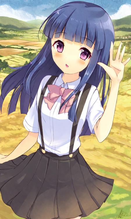 by tise00, furude rika, 1girl, black skirt, blue hair, blunt bangs, bow, collared shirt, hime cut, long hair, pink bow, purple eyes, rural, shirt, sidelocks, skirt, sky, solo, suspender skirt, suspenders, waving, white shirt, <lora:sdxl - Char - Furude Rika - Bionagato>