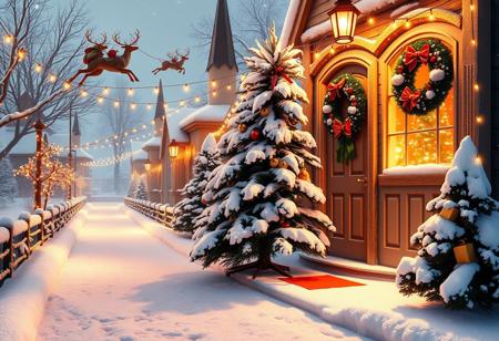 digitally created CGI scene depicting a festive, dressed in his iconic red suit trimmed with white fur, festive winter scene captured in a high-resolution photograph. The setting is a snowy, creating a festive glow. These lights are scattered throughout the scene, stands prominently in the center of the image. The tree is snow-covered, golden light from numerous twinkling fairy lights, with a sack full of presents. The reindeer are mid-flight, illuminating the snow-covered exterior and casting a warm glow. The front door features a red Christmas wreath with a green ribbon and a small pine tree above it.   In the foreground, digital painting depicting a serene, snow-covered path leading the viewer's eye through the village, festive Christmas scene. The scene is set in a quaint, snowy environment.   To the left and right of the path, inviting glow.