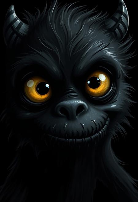 A close-up portrait of an adorable and cute monster, rendered in pure jet black with deep shadows. Despite the intense black palette, charming features are highlighted through dramatic lighting and textured brushwork, creating a surreal realism style.
