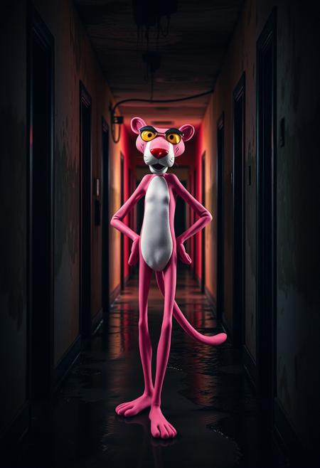 score_9, score_8_up, score_7_up, score_6_up, depth of field, highly detailed, BREAK Pink Panther, skinny, bubble butt, eyebrows raized
BREAK in a long hallway stands the Pink Panther, Pink Panther twerking in a doorway, menacingly, Pink Panther is twerking towards the viewer, the building is dilapidated with water damage, water is dripping from the ceiling and running down the walls, it is dark, low lighting, mold is growing on the walls, this building has been abandoned and condemned,
 night,  doorway,,low key,dramatic lighting, film grain,