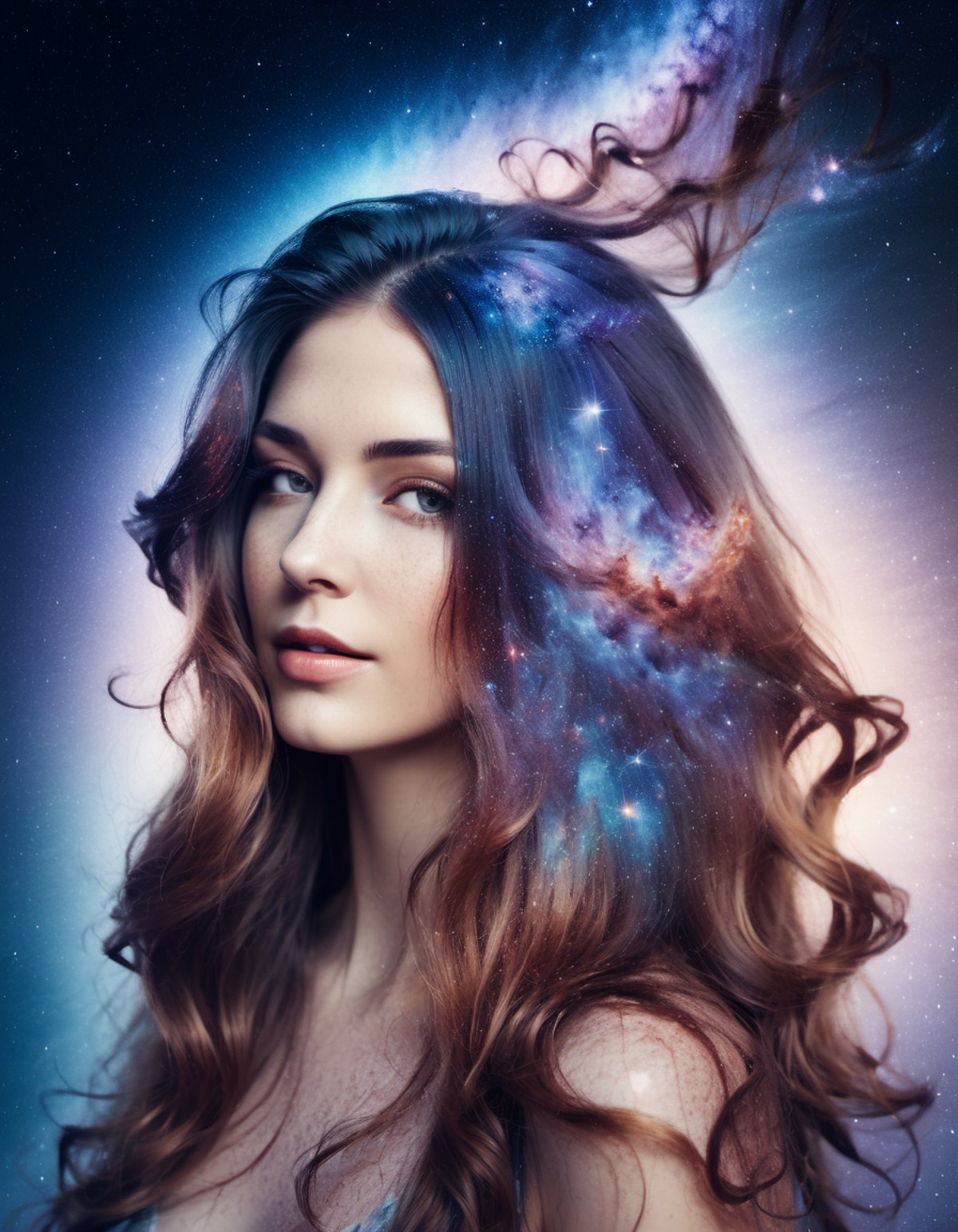 double exposure style,  woman with flowing hair,  galaxy