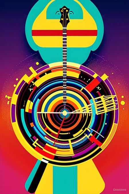 Create a striking abstract collage using vibrant cutout images of musical instruments. Blend them together in an unusual way with glitch effects.