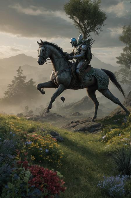 robot horse, gears, many ornaments and flowers in the background on a green hillside overlooking an ocean by marc adamus ford. dramatic lighting hyper-realistic fantasy concept art trending at ArtStation octane render 8k high resolution hdr photorealism intricate detailed cinematic photography volumetric natural light dark deep colors shading atmospheric cool tone cyberpunk steampunk atmosphere global illumination ray tracing unreal engine 5 realistic illustration canon eos R