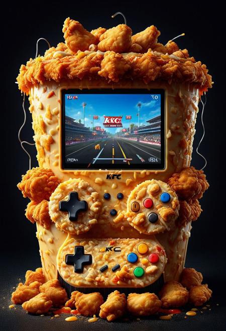 DFC, (fine texture, masterpiece, ultra-detailed, very aesthetic, absurdres, volumetric lighting, scenery), BREAK,
A video game console shaped like a KFC bucket of chicken. its joysticks are crispy drumsticks.