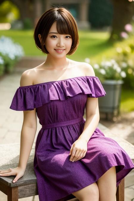 best quality, photorealistic, 4k, highres, perfect lighting, gorgeous, masterpiece, realistic, closeup portrait,
1girl, piercing eyes, wearing an off-shoulder dress, medium breasts, short hair, looking at viewer, <lora:nanamin_30:0.8>, smile, outdoors, in a cafe