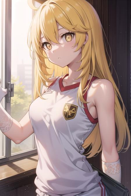 misakishokuhou, <lora:misakishokuhou:1>, misaki shokuhou, blonde hair, hair between eyes, long hair, symbol-shaped pupils, (yellow eyes:1.5)
BREAK bare shoulders, gloves, gym shirt, gym shorts, gym uniform, shirt, short shorts, shorts, sleeveless, sleeveless shirt, thighhighs, tokiwadai school gym uniform, white gloves, white shirt, white shorts, white thighhighs,
BREAK indoors, classroom,
BREAK looking at viewer, 
BREAK <lora:GoodHands-vanilla:1>, (masterpiece:1.2), best quality, high resolution, unity 8k wallpaper, (illustration:0.8), (beautiful detailed eyes:1.6), extremely detailed face, perfect lighting, extremely detailed CG, (perfect hands, perfect anatomy),