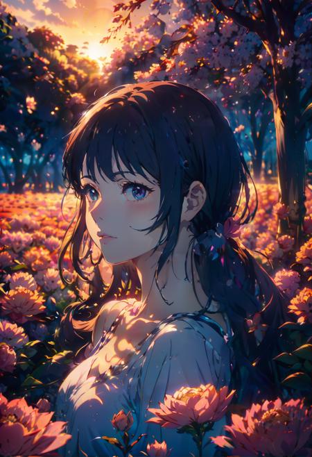 comic masterpiece,1girl, dense flowers, at Sunset, Bokeh, Horror, split lighting, Zoom lens . graphic illustration, comic art, graphic novel art, vibrant, highly detailed