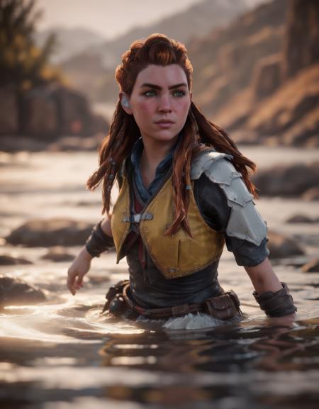 <lora:AloySDXL:0.7> Aloy wading through a knee height river and glaring angrily past the camera