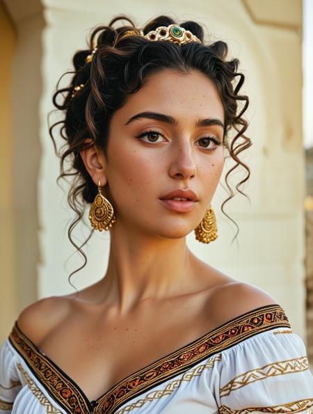 breathtaking detailed, masterpiece, absurdres, awe-inspiring, best quality, vibrant colors, RAW portrait of a beautiful Greek woman, olive skin, curly dark hair swept back loosely, dark almond eyes, intense gaze to the side, wearing traditional off-shoulder tribal blouse, golden earrings, soft expression, visible collarbone, side profile shot, Fujifilm XT3, kodak portra 800, shallow DOF, soft golden hour sunlight, warm tones, film grain, bokeh lights behind her, 8k uhd, dslr, soft lens flare, cinematic lighting, rich texture, natural freckles, high detail, best quality, nostalgic photo aesthetic, artistic<lora:sdxl_Aphrodite_SDXL_V2.safetensors:0.8:0.8>
