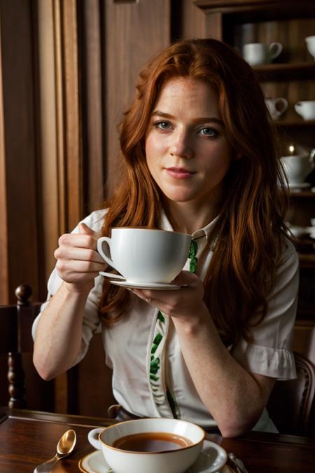<lora:Rose_Leslie:1> masterpiece, best quality, detailed face, a mature r1873l, 1girl, solo, red hair, cup of tea, cafe, inside, table with a leprechaun, salt pepper pots, plate