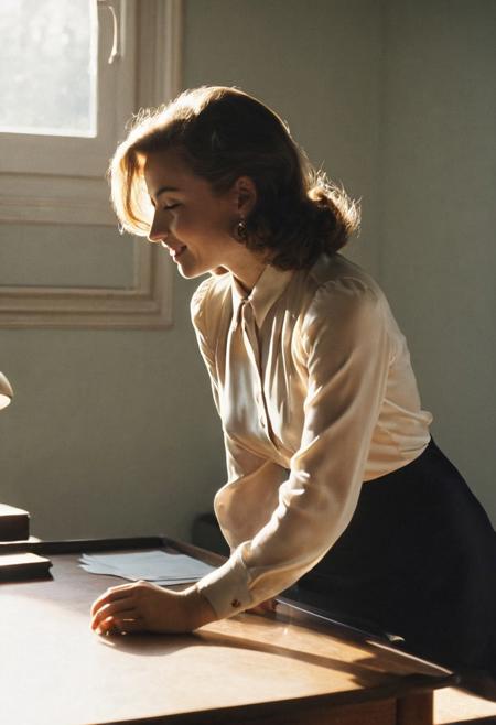 grainy 1940s amateur smut color photograph, full body profile photograph of  a cute secretary leaning over a desk, (morning sunlight creates a silhouette of a her breasts through her silky satin slip), outline of boobs and nipples in silky satin slip, backlight, small boobs, wide hips, upper thigh, very detailed, angle from side, silhouette, sun rays, profile, detailed eyes and face, cute smile, film grain