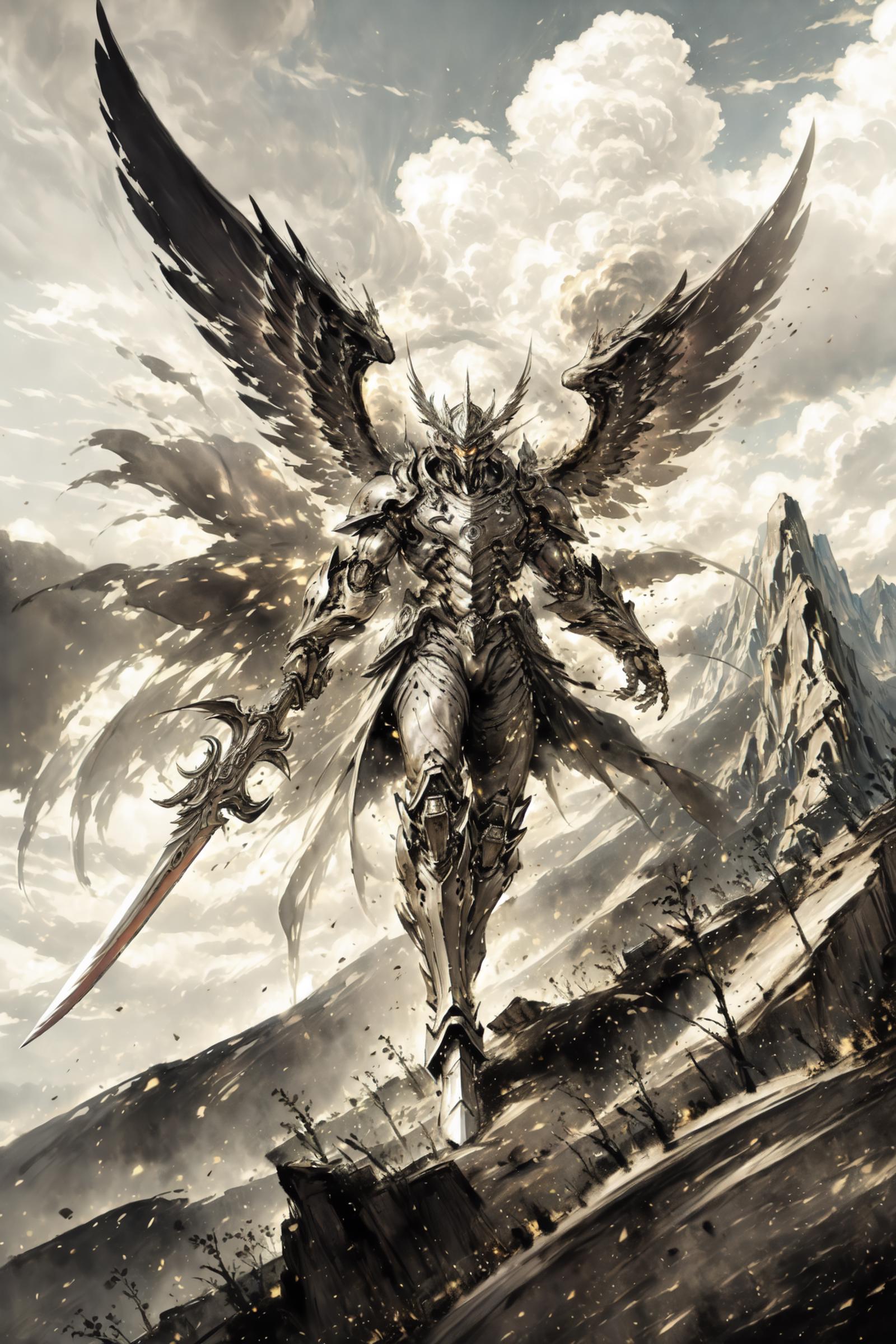 An angelic figure with wings and a sword stands in front of a mountain.