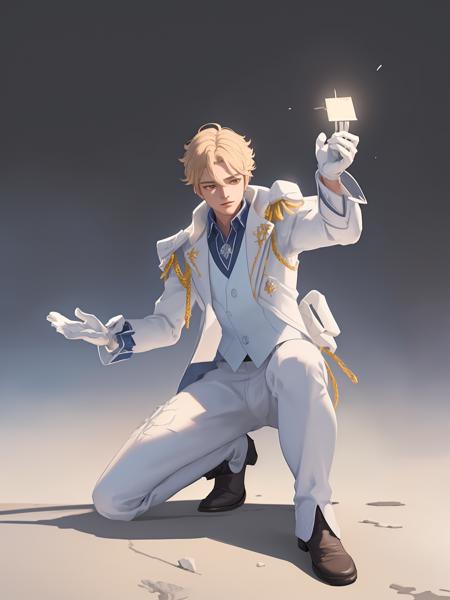 cowboy shot,1boy,sunce,white uniform,male focus,One hand reaches for the lens,One knee,white gloves,floating city(((masterpiece))),�(((best�quality))),�((ultra-detailed)),�(illustration),�(detailed�light),((an�extremely�delicate�and�beautiful)),dramatic_shadow,ray_tracing, <lora:sunce1-v3:0.7>