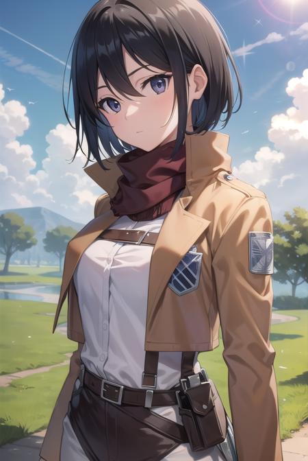 mikasaackerman, <lora:mikasa ackerman-lora-nochekaiser:1>, 
mikasa ackerman, black hair, (black eyes:1.5), hair between eyes, short hair,
BREAK belt, brown jacket, dress shirt, jacket, open clothes, open jacket, pants, paradis military uniform, red scarf, scarf, shirt, strap gap, thigh strap, three-dimensional maneuver gear, white pants, white shirt,
BREAK outdoors, village, nature, forest, grass, sun, sky, trees, clouds,
BREAK looking at viewer, (cowboy shot:1.5),
BREAK <lyco:GoodHands-beta2:1>, (masterpiece:1.2), best quality, high resolution, unity 8k wallpaper, (illustration:0.8), (beautiful detailed eyes:1.6), extremely detailed face, perfect lighting, extremely detailed CG, (perfect hands, perfect anatomy),