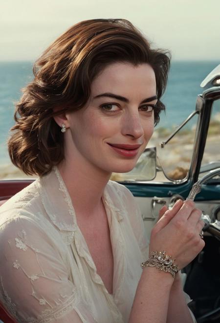 A photorealistic image of Anne Hathaway, with a serene smile on her face, gripping a jeweled dagger and plunging it into her palm. Blood trickles down her wrist, but her expression remains calm and composed. She's behind the wheel of a vintage car, driving down a scenic coastal highway with the ocean sparkling in the background. Style tags: photorealistic, 8k resolution. Additional tags: vintage car, coastal highway, serene expression, blood on hand.