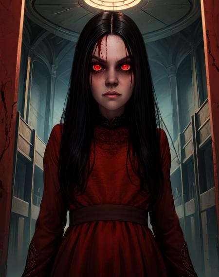 alma,red eyes,glowing eyes,black hair,
red dress,
standing,upper body,
building,blood halls,
(insanely detailed, beautiful detailed face,beautiful detailed eyes, masterpiece, best quality),<lora:Almawade:0.7>,