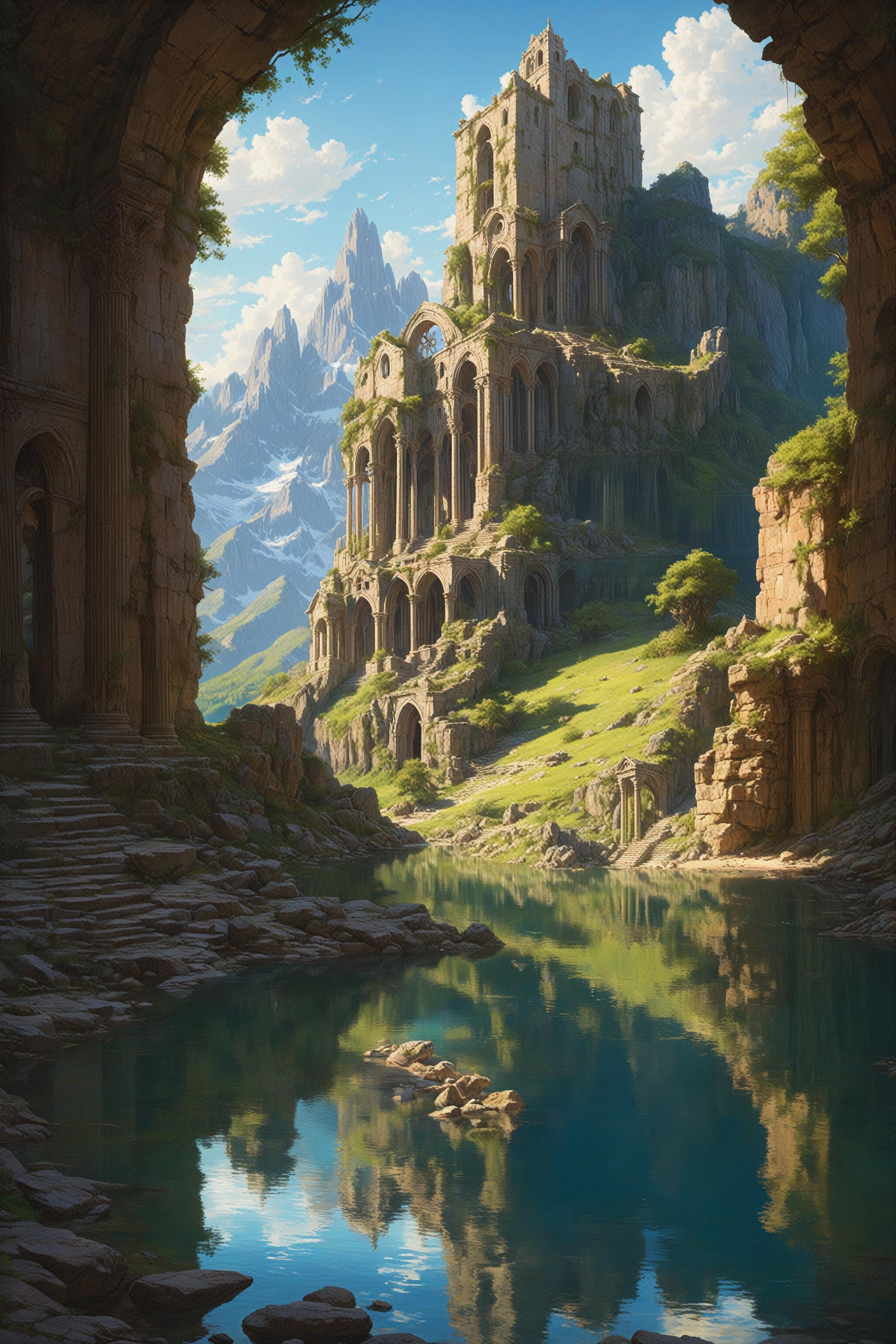 A Fantasy Art Painting of a Castle and a Mountain Lake