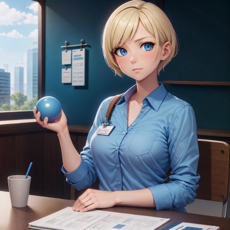 woman, blue blouse with pocket, buttons, id card badge, short blonde hair, blue eyes, sitting, holding blue ball, wooden desk, hand on papers, chair, from front, blush, blue wall, wooden panels, window, cityscape, tree <lora:woman_with_apple_01:0.8>