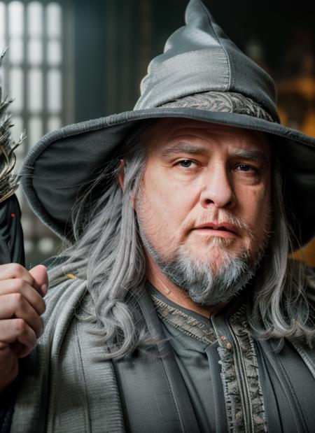 (<lora:MarlonBrandoOld:1>) ,a Portrait photo of (mbo1) man with ((long grey hair and long bushy beard)) Detailed face, (perfect brown eyes) (highly detailed skin:1.1), fat body, wearing a (( in grey wizard robes and pointy wizard hat,)), Modelshoot style, Professional Photography, soft lighting, PHOTOREALISTIC, Realistic, standing in a dark studio background, blurred background, volumetric fog,. RAW, analog style, sharp focus, 8k, HD, DSLR, high quality, Fujifilm XT3, film grain, award winning, masterpiece,