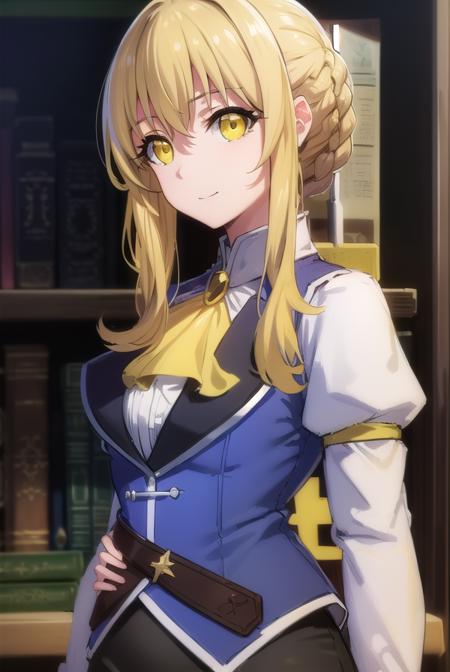 guild girl, long hair, blonde hair, (yellow eyes:1.5), braid, single braid, skirt, shirt, long sleeves, white shirt, pantyhose, black skirt, vest, long skirt, yellow ribbon, ascot, yellow ascot,